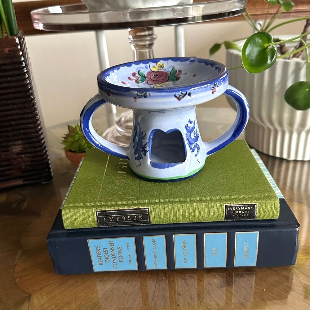 Vintage Vestal Portugal Hand Painted Pottery Tea Light Warmer, Blue Floral